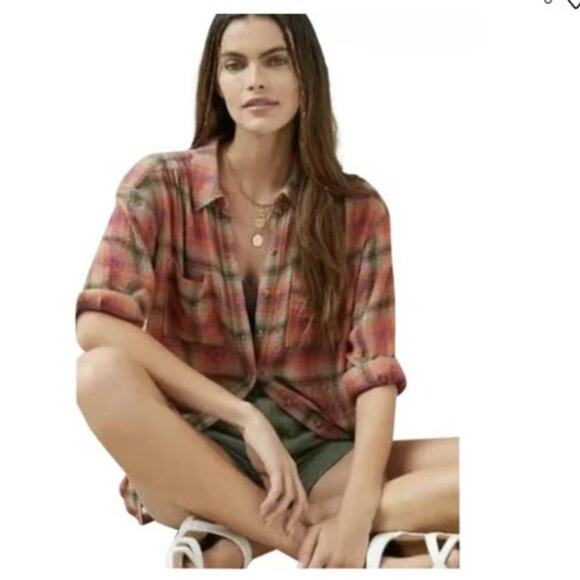 Pilcro & the Letterpress Anthropologie Womens Tunic Sz S Plaid Seamed Buttondown - Picture 3 of 11